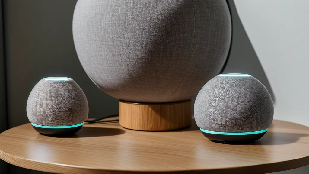 A smart home hub resting on a desk with warm ambient lighting.