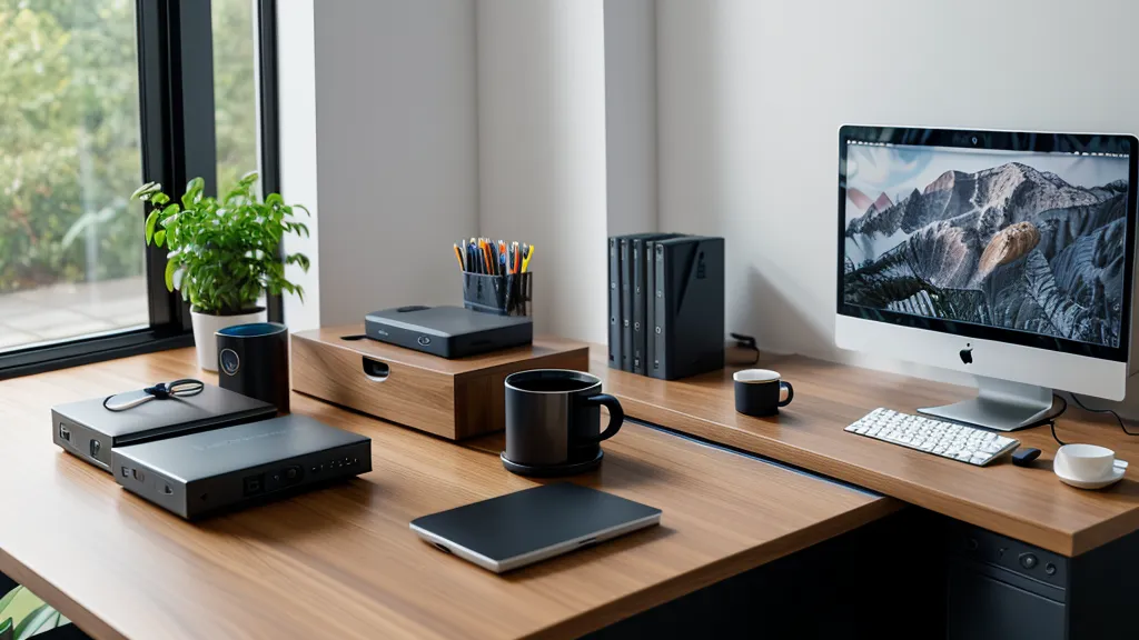 A travel tech kit with cables, a travel router, and a passport.