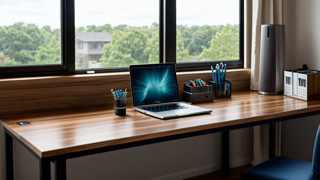 A modern wifi router with blue status lights on a wooden desk
