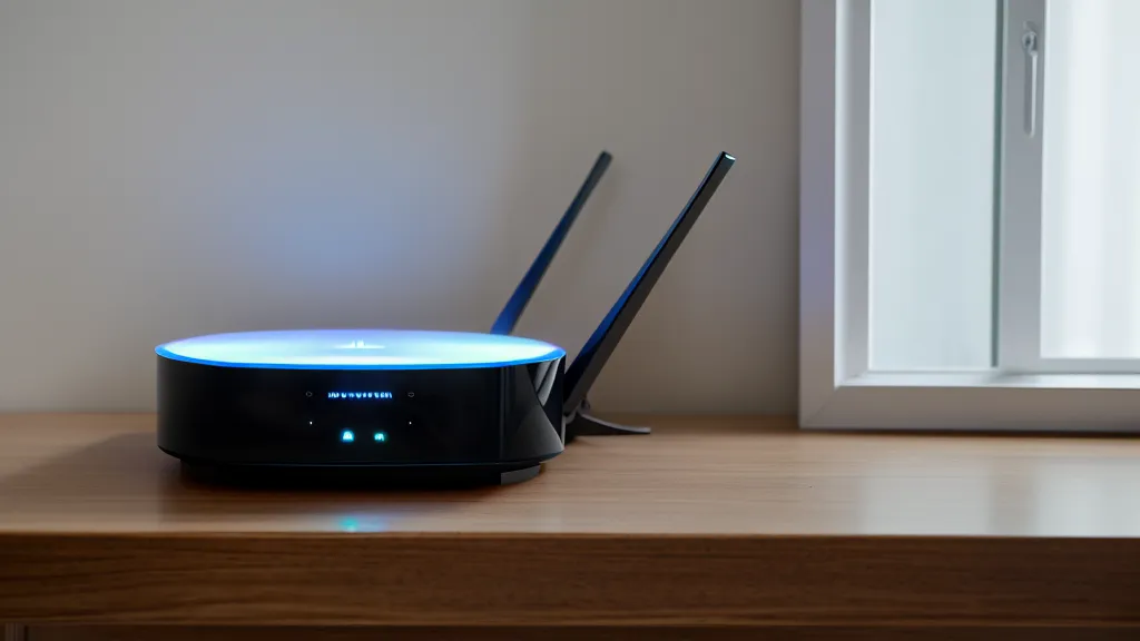 Close-up of a high-end Wi-Fi router with glowing blue status lights