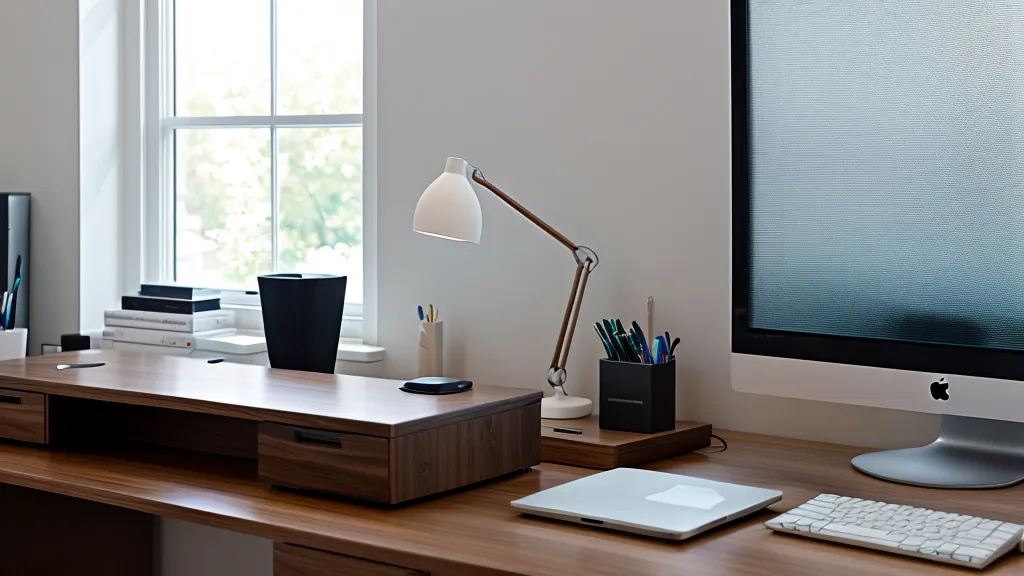 Close-up of a high-end network router with multiple antennas on a wooden desk