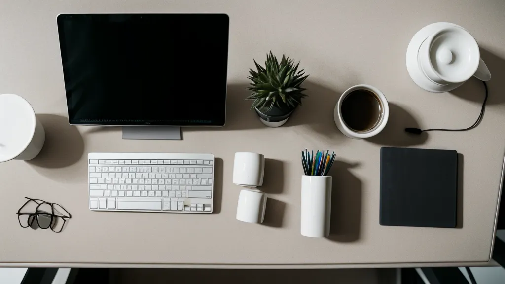 A coffee cup and mechanical keyboard on a desk in morning light
