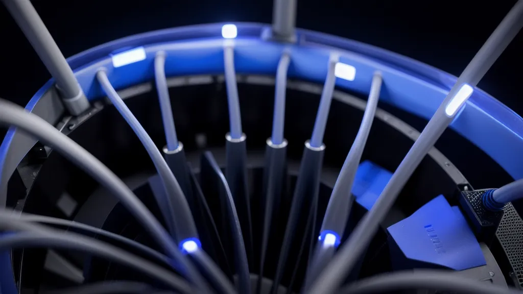 Close-up of a home networking router with blue status lights
